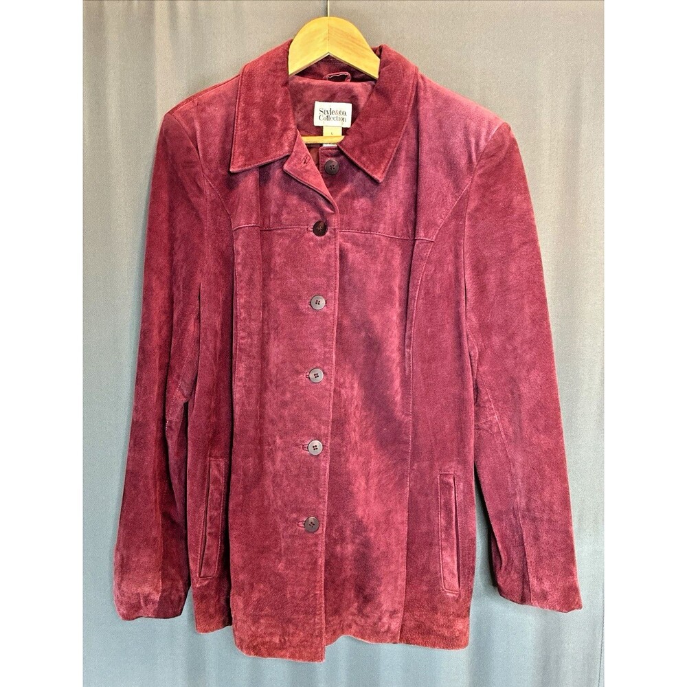 Vtg 90s Style & Co Suede Leather Jacket Blazer Sz L Burgundy Wine Red Washable